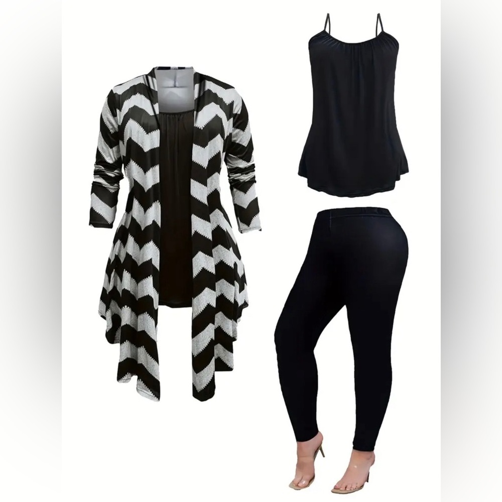 3 Piece Plus Sized Outfit with Shawl Collar Jacket, Leggings, and Cami Top 3X